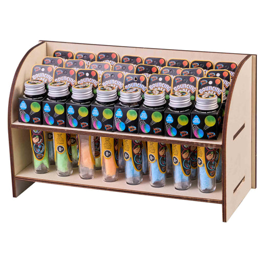Display case with various bottles and containers on a white background