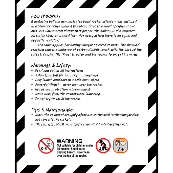 An informational poster with black and white diagonal borders, featuring text sections titled 'How it Works,' 'Warnings & Safety,' and 'Tips & Maintenance,' plus small warning icons at the bottom.