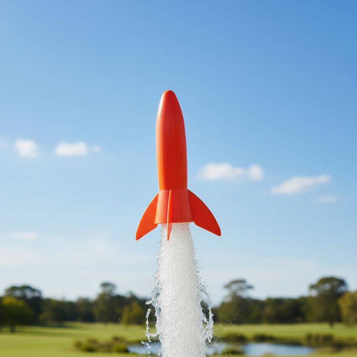 A red heebie Jeebies plastic rocket launching upward with white water spray, set against a blurred outdoor background of green fields and trees under a blue sky.